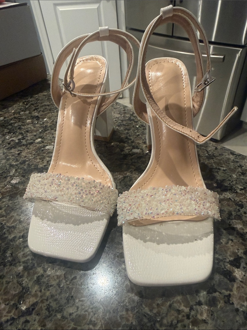 Beaded Ivory Ankle-Strap Heels